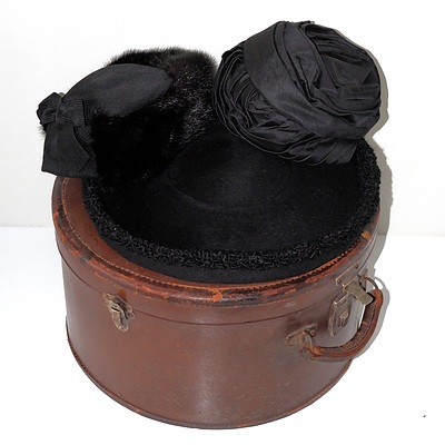 Four Vintage Ladies Hats Including Moray of New York and Leather Hat Box