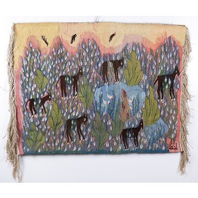 Woven Textile Wall Hanging Featuring a Landscape with Birds and Animals