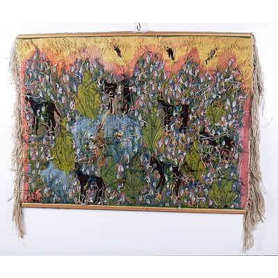 Woven Textile Wall Hanging Featuring a Landscape with Birds and Animals