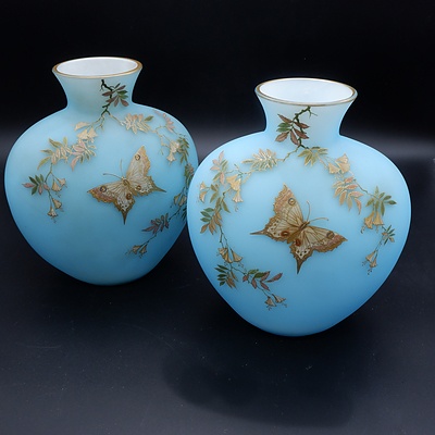 Pair of Vintage Glass Mantle Vases with Gilt Enamel Butterfly Motif