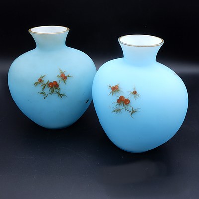 Pair of Vintage Glass Mantle Vases with Gilt Enamel Butterfly Motif