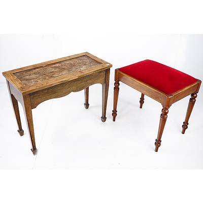 1920s Oak Piano Stool with Another Vintage Red Velvet Upholstered Piano Stool