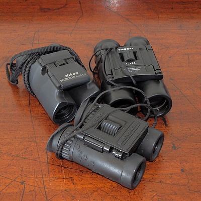 Three Pairs of Binoculars Including Nikon and Tasco