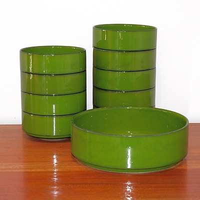 Nice Set Ten Green Glazed Ceramic Bowls
