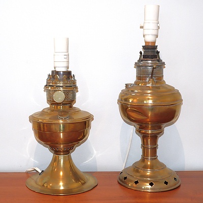 Two Vintage Brass Oil Lanterns Converted to Electricity