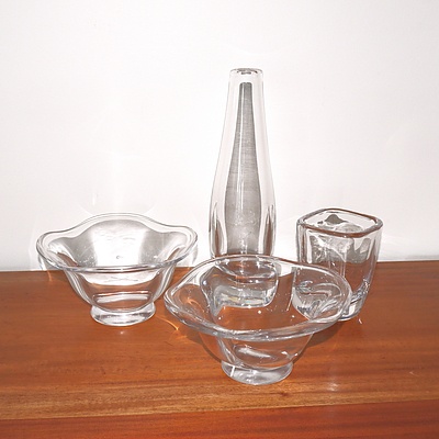 Pair Signed Orrefors Glass Bowls and Two Other Signed Orrefors Vases