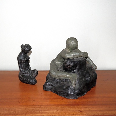 Studio Ceramic Figure and Another Carved Marble Figure of a Kneeling Nude