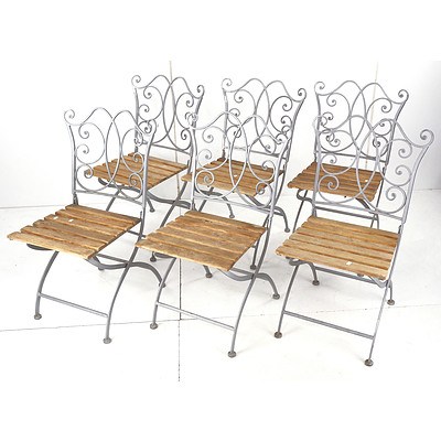 Set Six Collapsible Painted Metal and Pine Outdoor Chairs