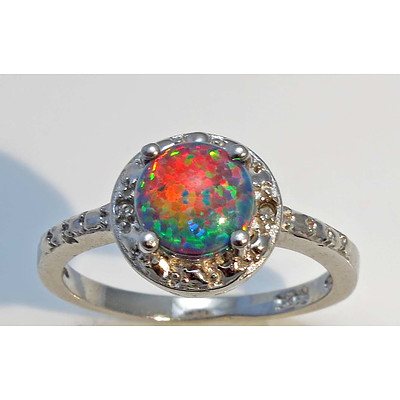 Sterling Silver Ring- Set With Lab Created Black Opal - Excellent Colour
