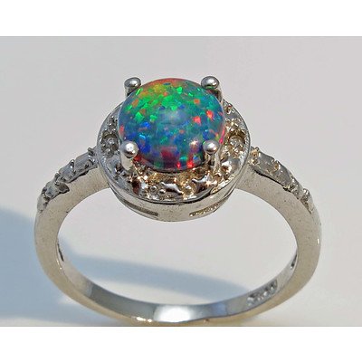 Sterling Silver Ring- Set With Lab Created Black Opal - Excellent Colour