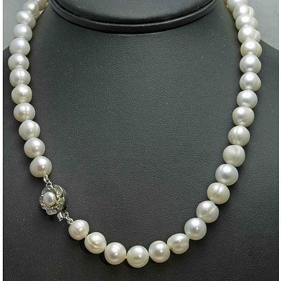 Cultured Pearl Necklace With Pearl-Set Floral Clasp