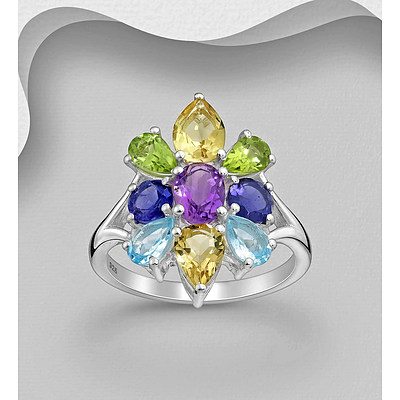 Sterling Silver Ring - Set With Facetted Natural Gems