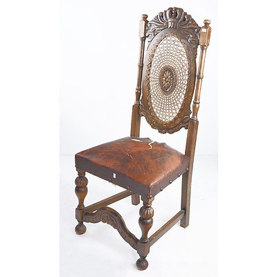 Antique Timber Framed Armchair with Rattan Back and Leather Seat