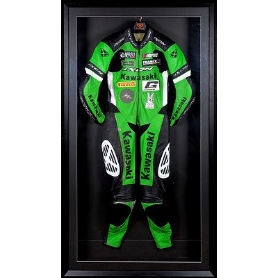 Kawasaki Professional Motorcycle Racing Suit in Large Shadowbox Frame