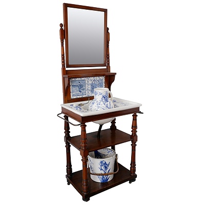 Antique Mahogany Washstand Complete with Blue and White Porcelain Sink, Wash Jug and Waste Bucket by JC Brown; W.Westhead Moore and Company, Circa 1880