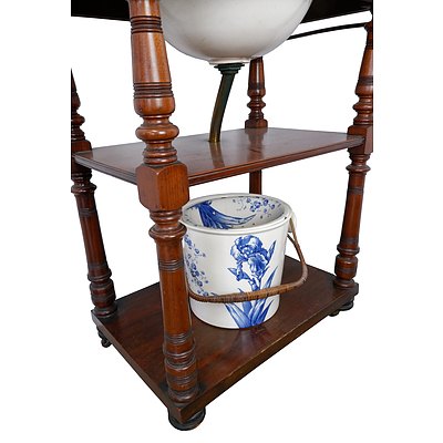 Antique Mahogany Washstand Complete with Blue and White Porcelain Sink, Wash Jug and Waste Bucket by JC Brown; W.Westhead Moore and Company, Circa 1880