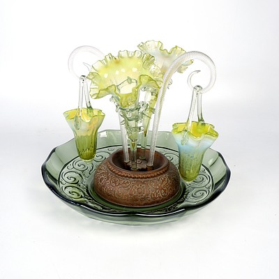 Victorian Vaseline Glass Epergne with Rigaree Work and Two Hanging Vases, Circa 1880