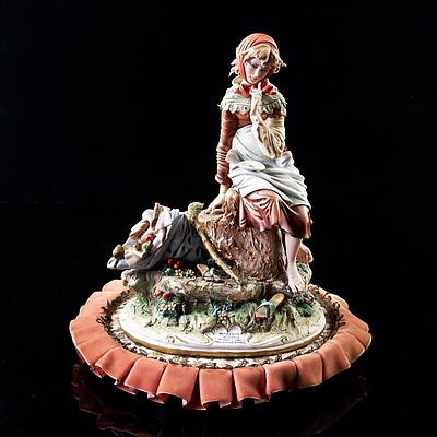 Italian Tiziano Galli Porcelain Mendicante Sculpture in Glass Dome on Wooden and Fabric Base