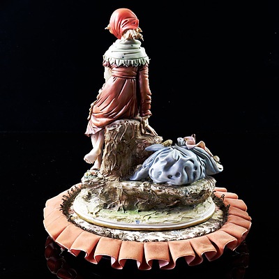 Italian Tiziano Galli Porcelain Mendicante Sculpture in Glass Dome on Wooden and Fabric Base