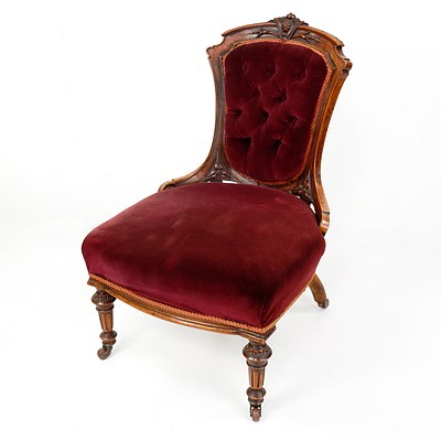 Victorian Mahogany Grandmother Chair with Buttoned Burgundy Upholstery Circa 1880