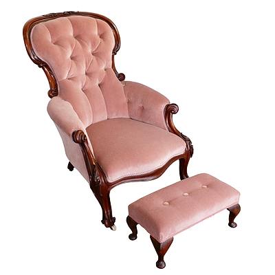 Victorian Mahogany Armchair with Carved and Rolled Acanthus Decoration and Buttoned Fabric Upholstery and Matching Footstool