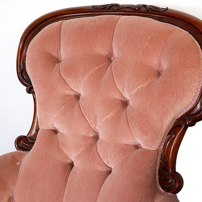 Victorian Mahogany Armchair with Carved and Rolled Acanthus Decoration and Buttoned Fabric Upholstery and Matching Footstool