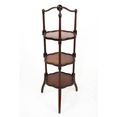 Antique Mahogany Three Tier Tea Stand with Turned Ball Handle and Beaded and Scalloped Edge Trays