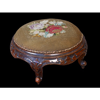 Victorian Mahogany Small Stool with Carved Decoration to Surround and Floral Tapestry Top