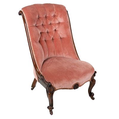 Victorian Mahogany Salon Chair with Carved Decoration to Feet and Frame and Buttoned Dusty Rose Fabric Upholstery, Circa 1880