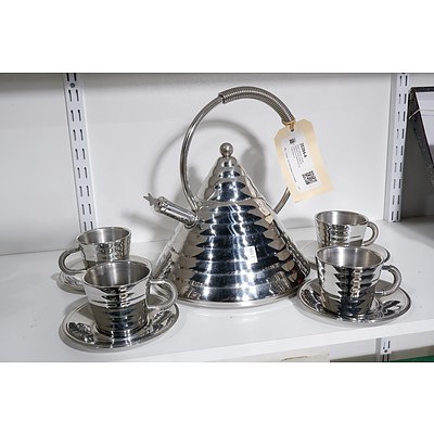 Stella Collection of Italy Stainless Steel Kettle and Set of Four Matching Cups and Saucers
