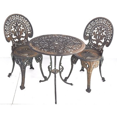 Pair of Vintage Cast Iron Garden Chairs with Matching Cast Alloy Table