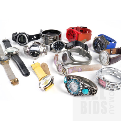 Sixteen Wristwatches, Including Ripcurl, Elite, and More