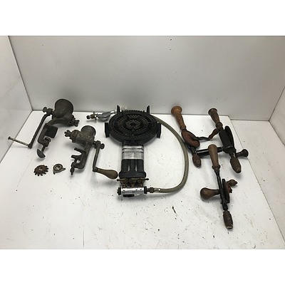 Three Hand Drills, Two Food Grinders and Gas Burner Hot Plate