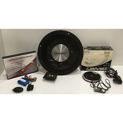 Pioneer 12 Inch 1400W Shallow Mount Subwoofer, Car GPS Tracker And Iriver Audio Player - Lot Of Three