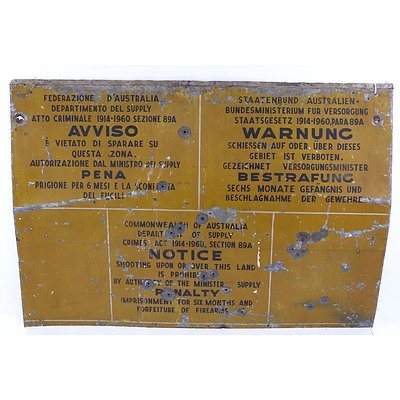 Vintage Painted Metal Commonwealth Shooting Notice Metal Sign with Bullet Holes