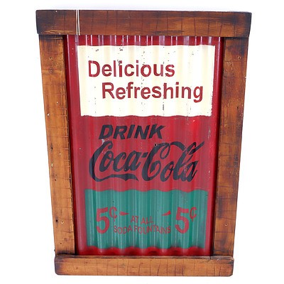 Coca Cola Advertising Sign Painted on Corrugated Iron with Timber Frame