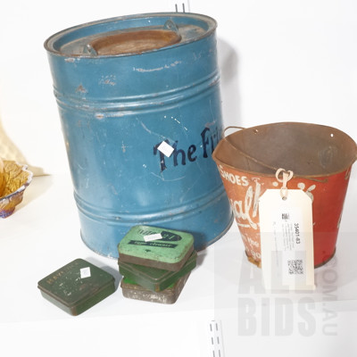 Vintage 'The Frigid' Insulated Metal Storage Canister, 'Ezywalkins' Ashtray Bucket and Four Tobacco Tins