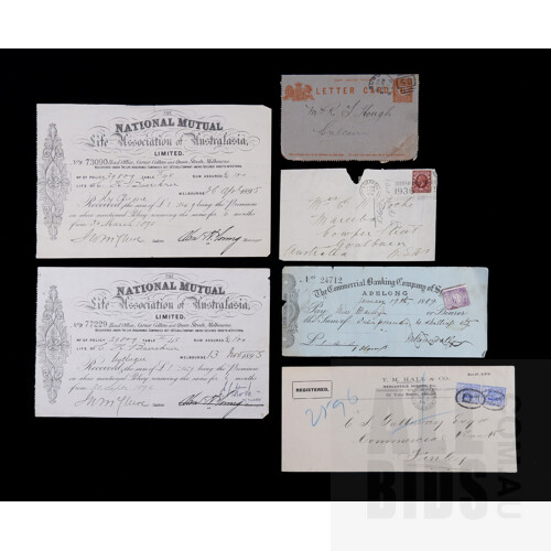 Two Antique National Mutual Life Insurance Certificates, and a Collection of Antique Stamped Envelopes