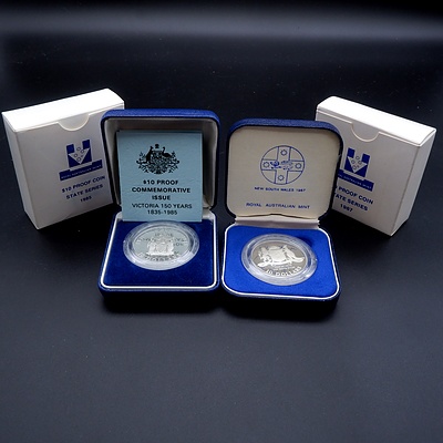 1987 and 1985 State Series $10 Silver Proof Coins, NSW and VIC