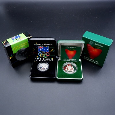 1992 Olympic Silver $1 and 1991 $10 Silver Proof Coin, Tasmania