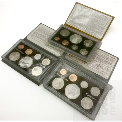 Three New Zealand Proof Coin Sets, 1983, 1984, 1985