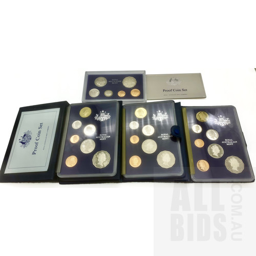 Four Australian Proof Coin Sets, 1980, 1985, 1986, 1987
