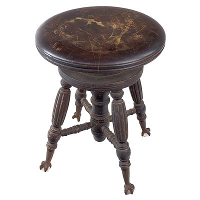 Antique Timber Swivel Stool with Brass Claw and Glass Ball Feet