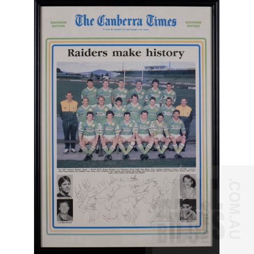 "Raiders make history" - Souvenir Edition Canberra Times Front Page of Inaugural Grand Final Qualifying Raiders Team with Signatures