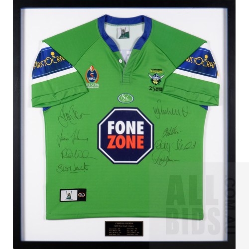 Framed Commemorative Canberra Raiders Jersey Signed by 200 Gamers