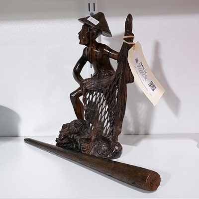 Eastern Carved Wooden Fisherman Statuette and a Vintage Wooden Fishing Net Mending Needle (2)