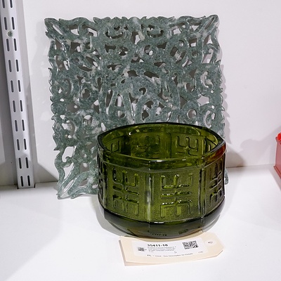 Eastern Carved Hardstone Trivet and a Green Glass Bowl with Oriental Characters (2)