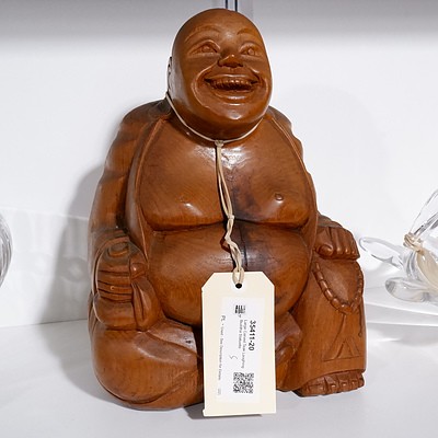 Large Carved Teak Laughing Buddha Statuette