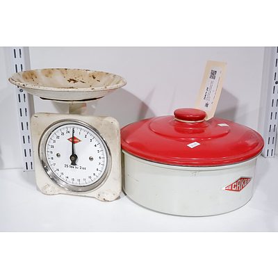 Large Retro Anodised Cake Tin and Krupps Kitchen Scales (2)