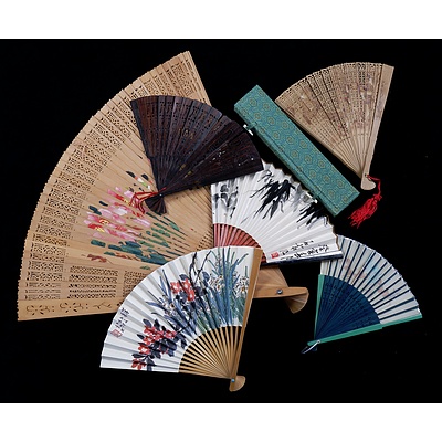 Six Vintage Oriental Fans - 3 Wooden and 3 paper